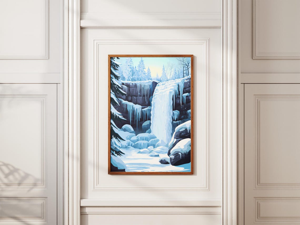 Frozen Blue Waterfall Icy Cascades Winter Landscape Art Poster - Image 2