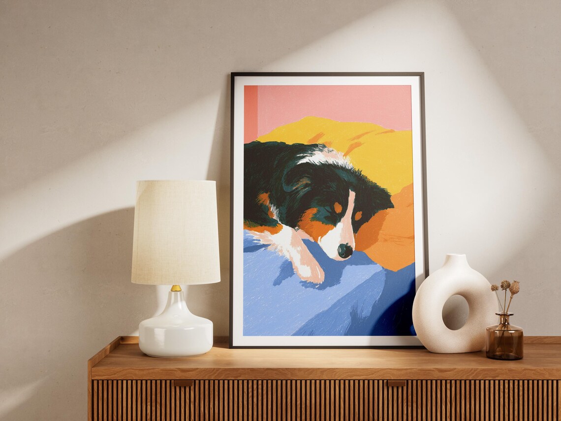 Australian Shepherd Sleeping on Colorful Bedding in a Cozy Dog Art Poster - Image 4