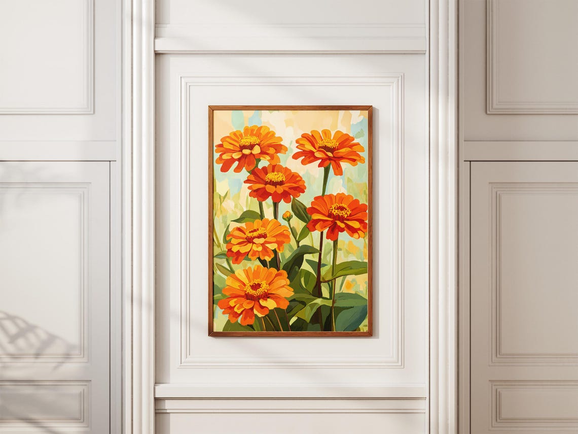 Orange Zinnia Flower Poster Summer Floral Art Print Botanical Wall Decor Orange Flower Painting Modern Home Decor Orange Zinnias Garden Art - Image 2