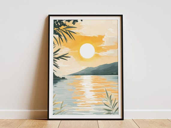 Sunset Lake Poster Orange Lake Print Peaceful Nature Art Modern Landscape Wall Art Calm Water Decor Minimalist Sunset Painting Boho Home