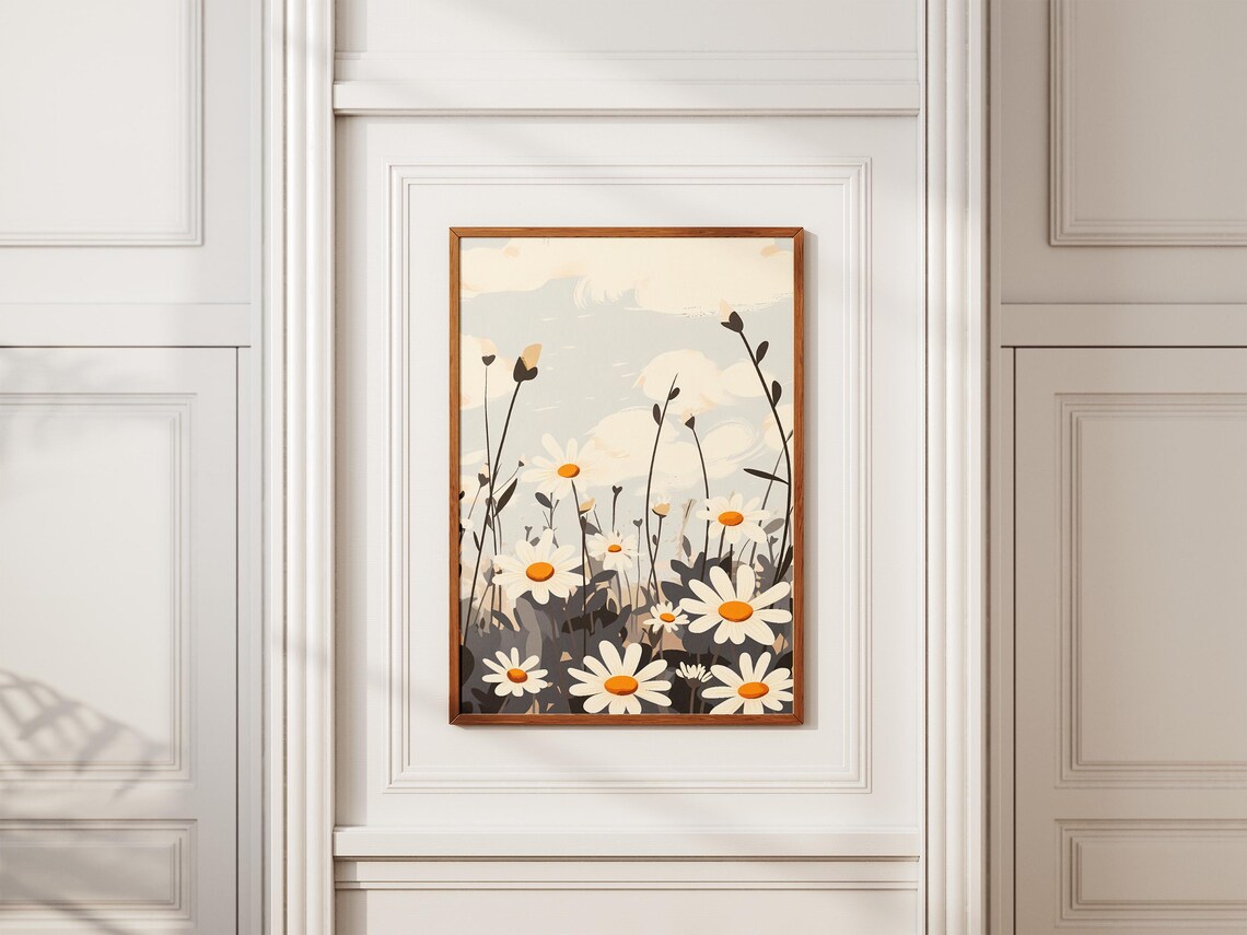 White Daisy Field Wildflowers Cloudy Sky Illustration Poster - Image 2