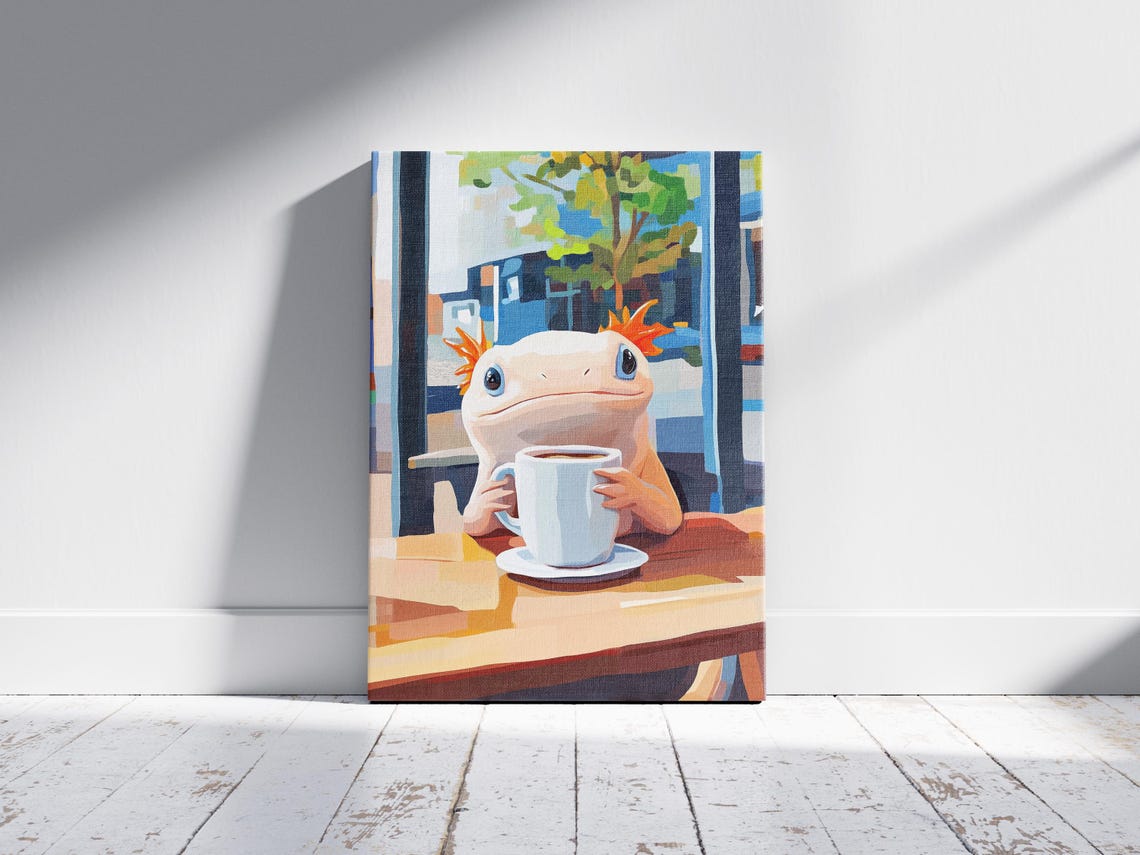 Adorable Axolotl Holding a Coffee Mug at a Cozy Cafe Table Poster - Image 2