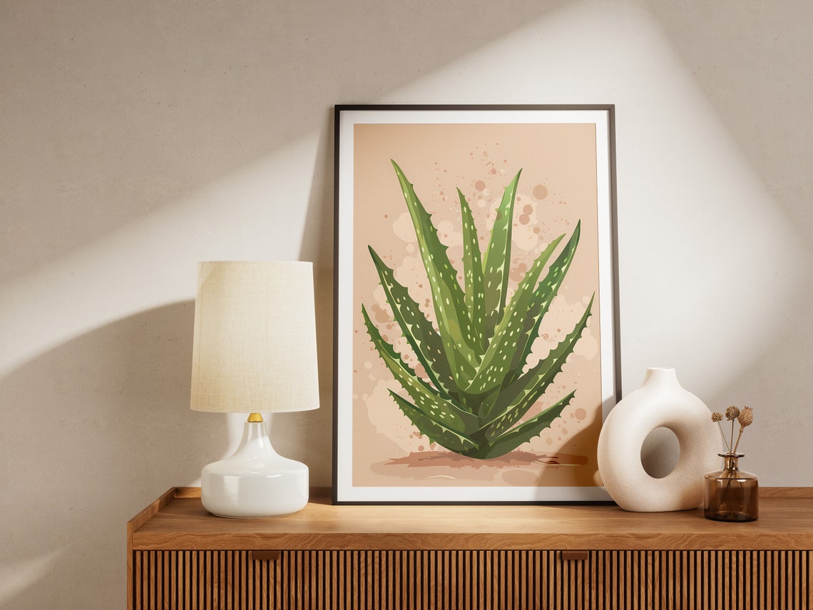 Aloe Vera Succulent Spiky Dotted Leaves Beige Botanical Art Poster - Image 2