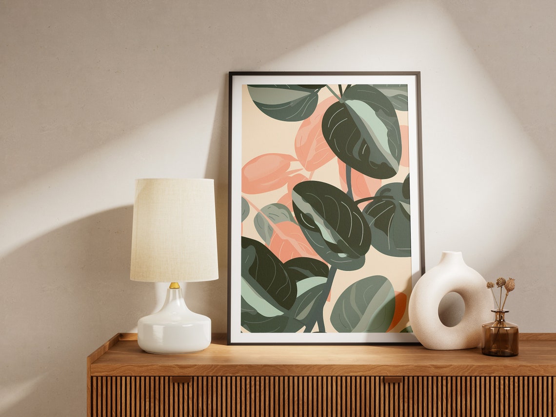 Bold Blush Pink Green Oversized Tropical Leaf Pattern Poster - Image 2