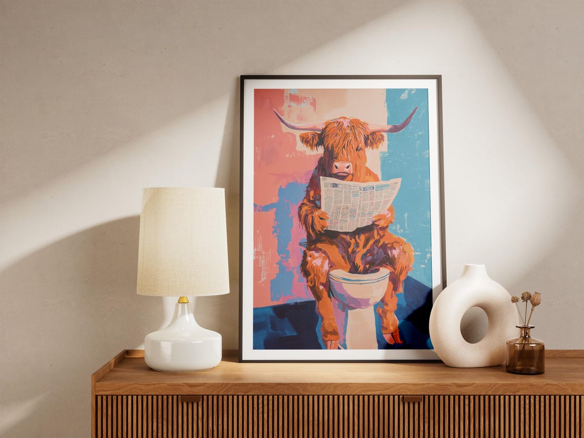 Highland Cow Reading Newspaper On Toilet Painterly Bathroom Poster - Image 5