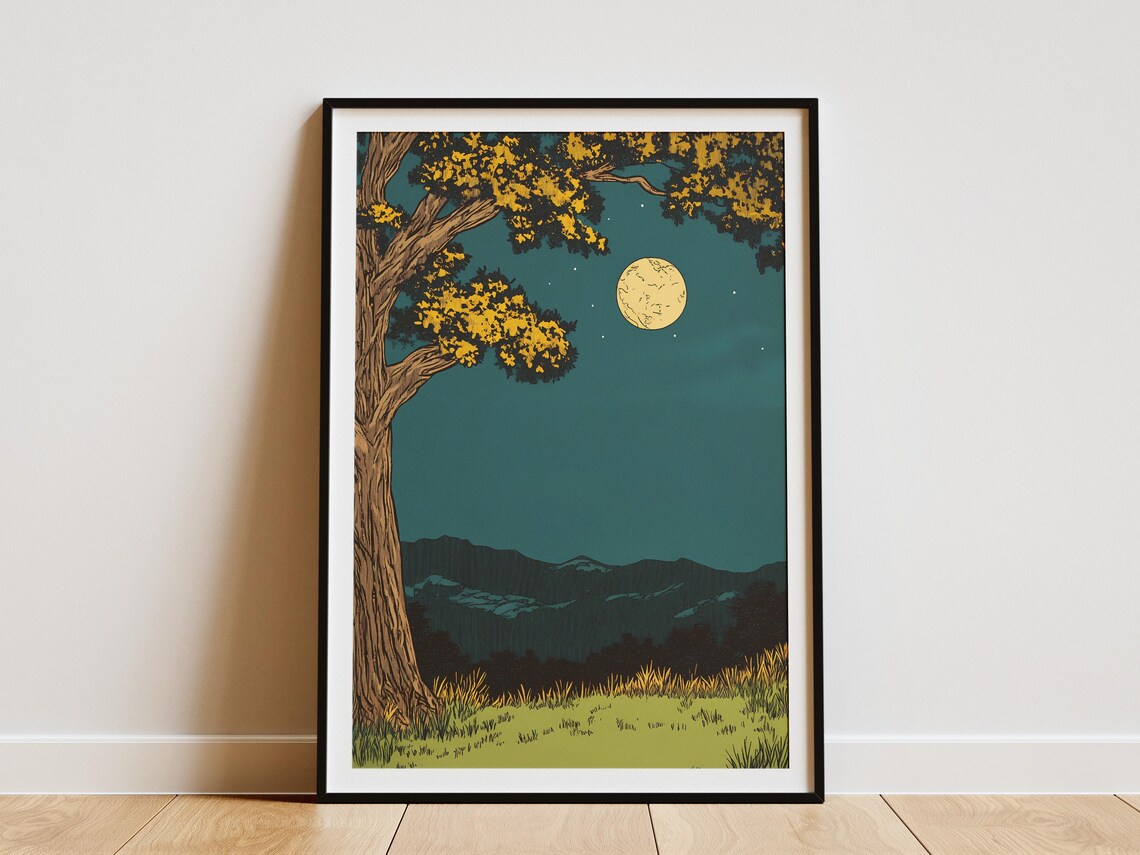 Full Moon Night Landscape Tree Mountains Serene Woodland Art Poster