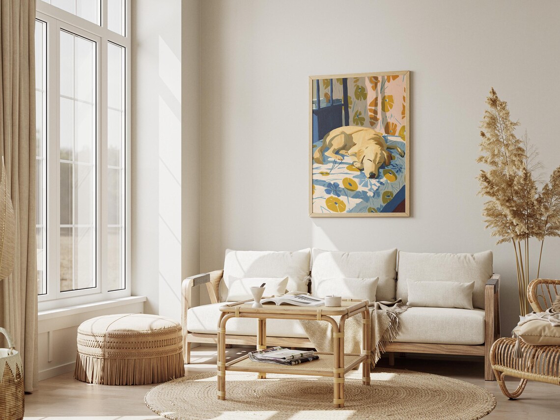 Yellow Labrador Sleeping on a Floral Bedspread by a Sunny Window Art Poster - Image 3