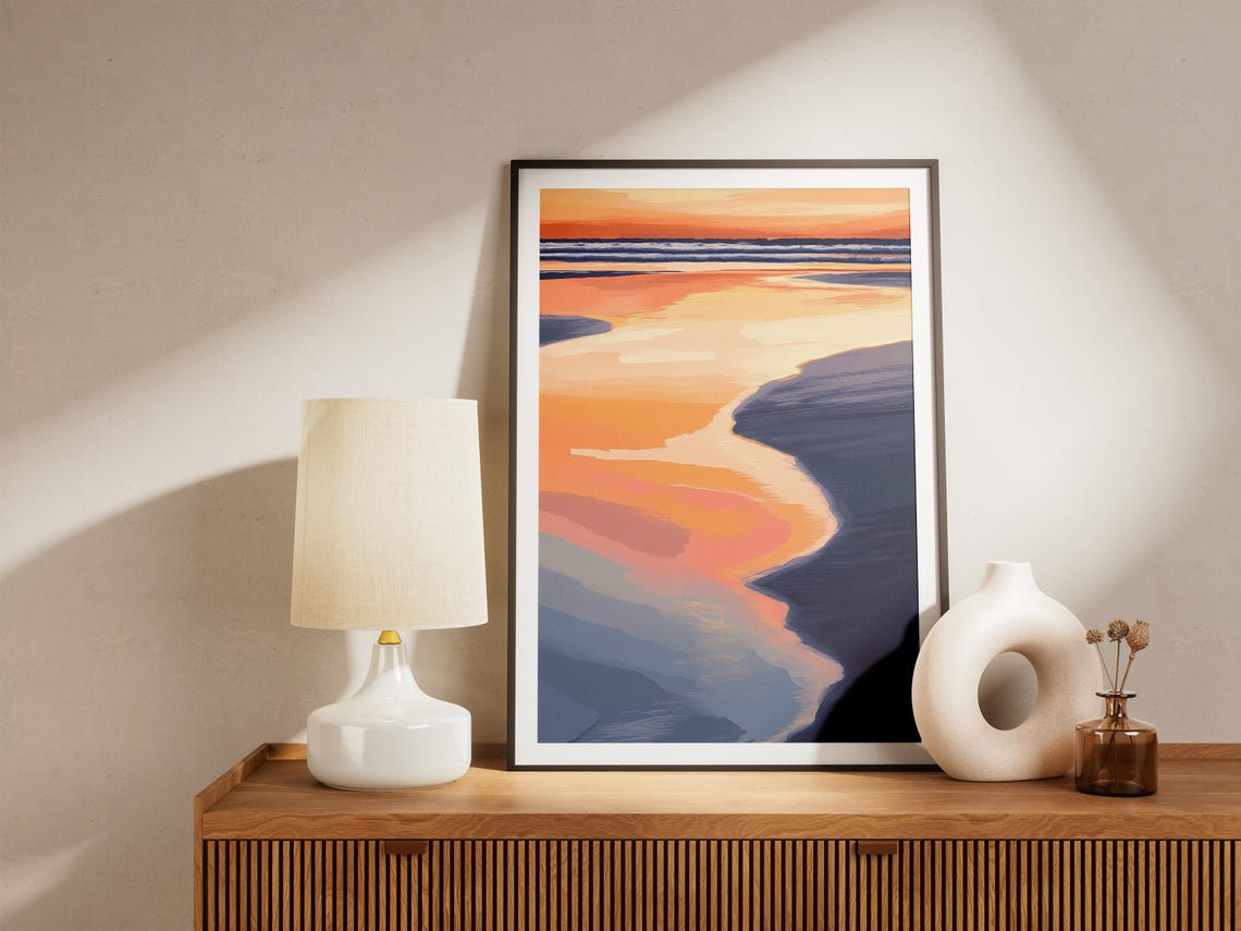Abstract Orange and Blue Sunset Reflections on Calm Water Poster - Image 5