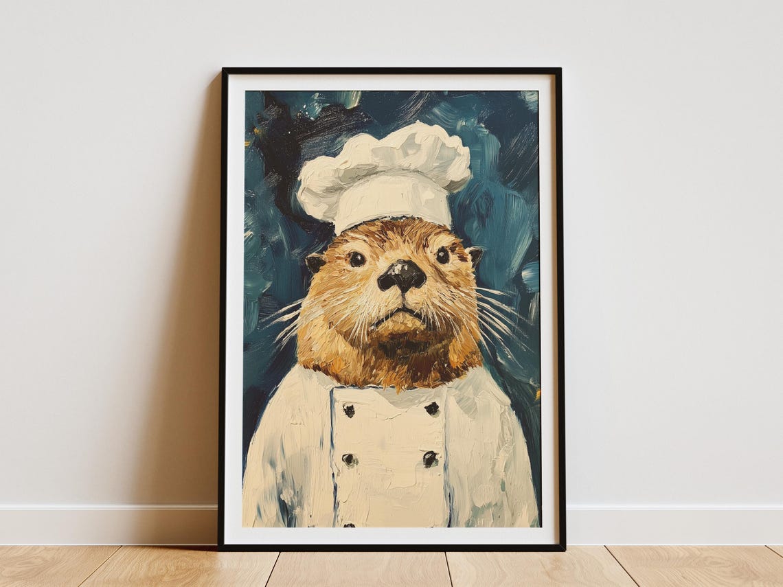 Sea Otter Chef Art Print Kitchen Decor Funny Animal Poster Whimsical Painting Gift For Restaurant Uniform