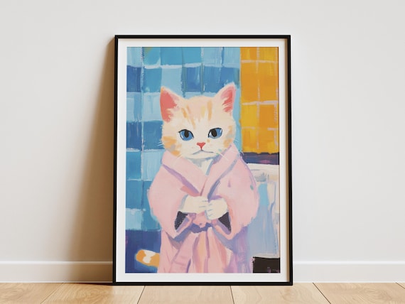 Cream Kitten in Pink Bathrobe Cute Bathroom Kitty Cat Poster