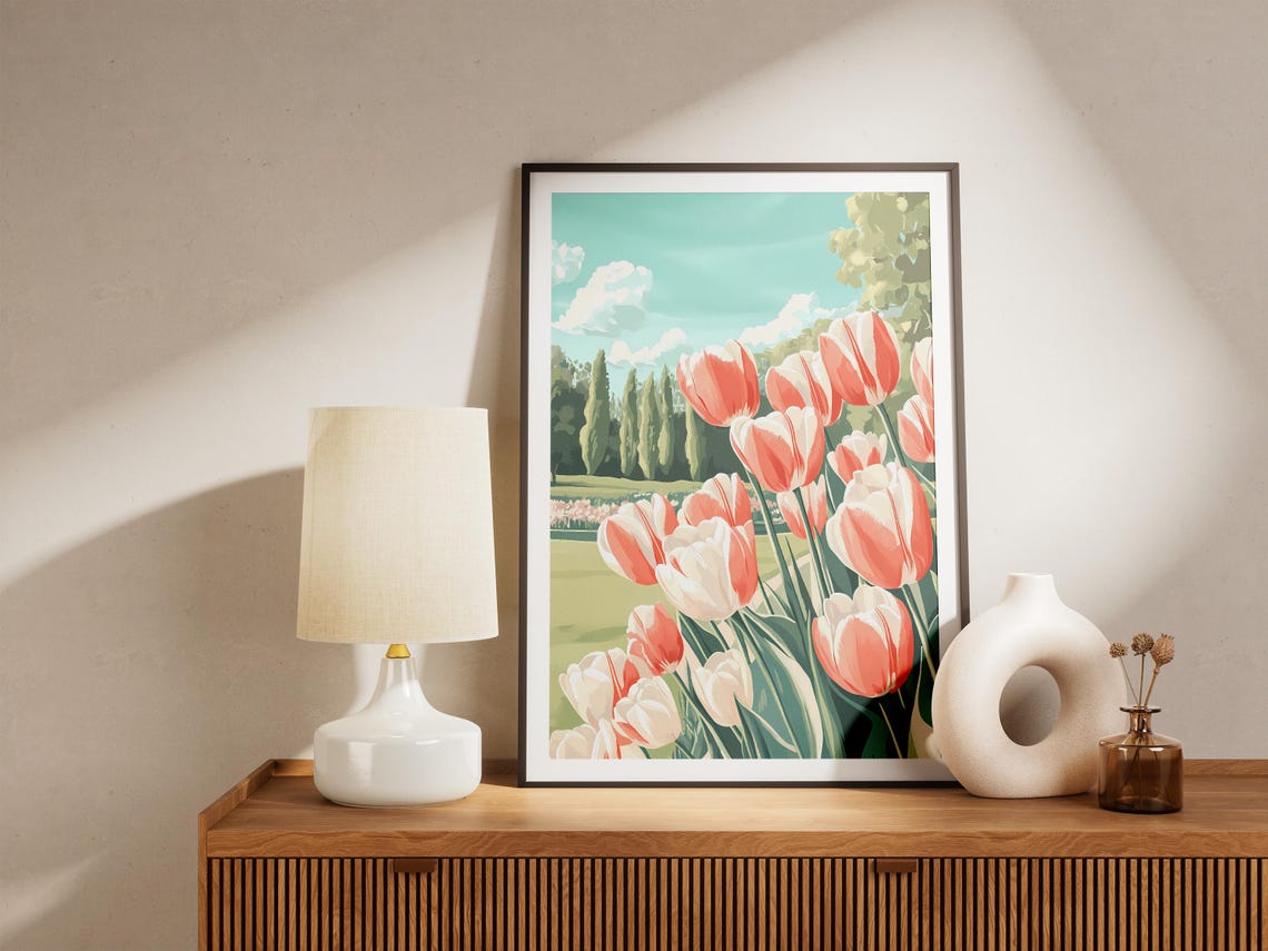 Peach And White Tulip Garden Cypress Trees Blue Sky Spring Poster - Image 5