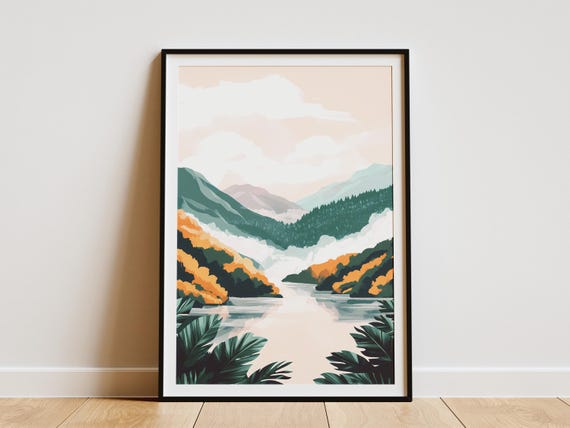 Foggy Mountain Lake Landscape Poster Modern Nature Art Print Calm Peaceful Scenery Wall Decor Abstract Landscape Painting Bohemian Home