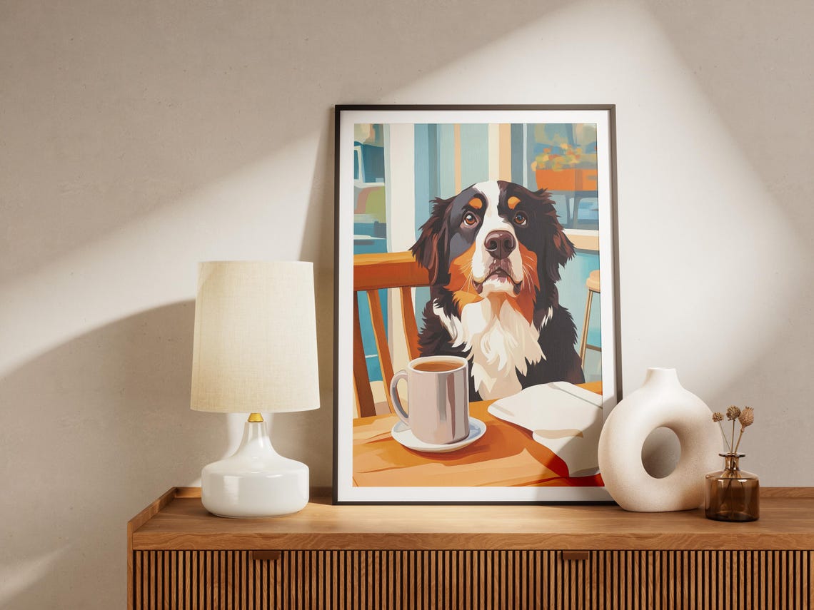 Bernese Mountain Dog Art Print Drinking Coffee Poster Lover Gift Kitchen Decor Funny - Image 4