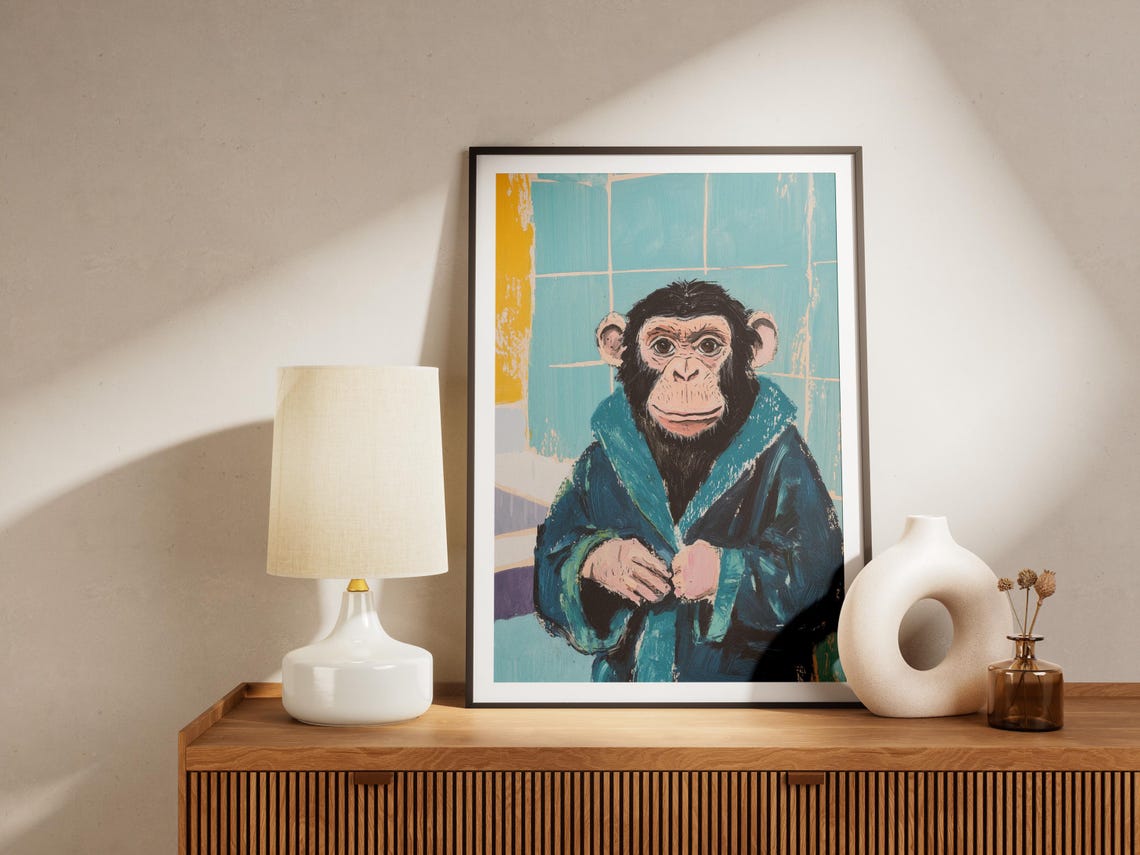 Chimpanzee In A Bathrobe Painting Bathroom Poster Print Modern Animal Art Funny Ape Unique Decor Primate - Image 4
