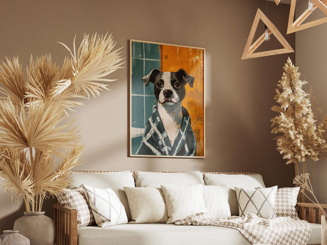 Staffy Puppy in Plaid Bathrobe Teal Orange Tile Bathroom Poster - Image 3