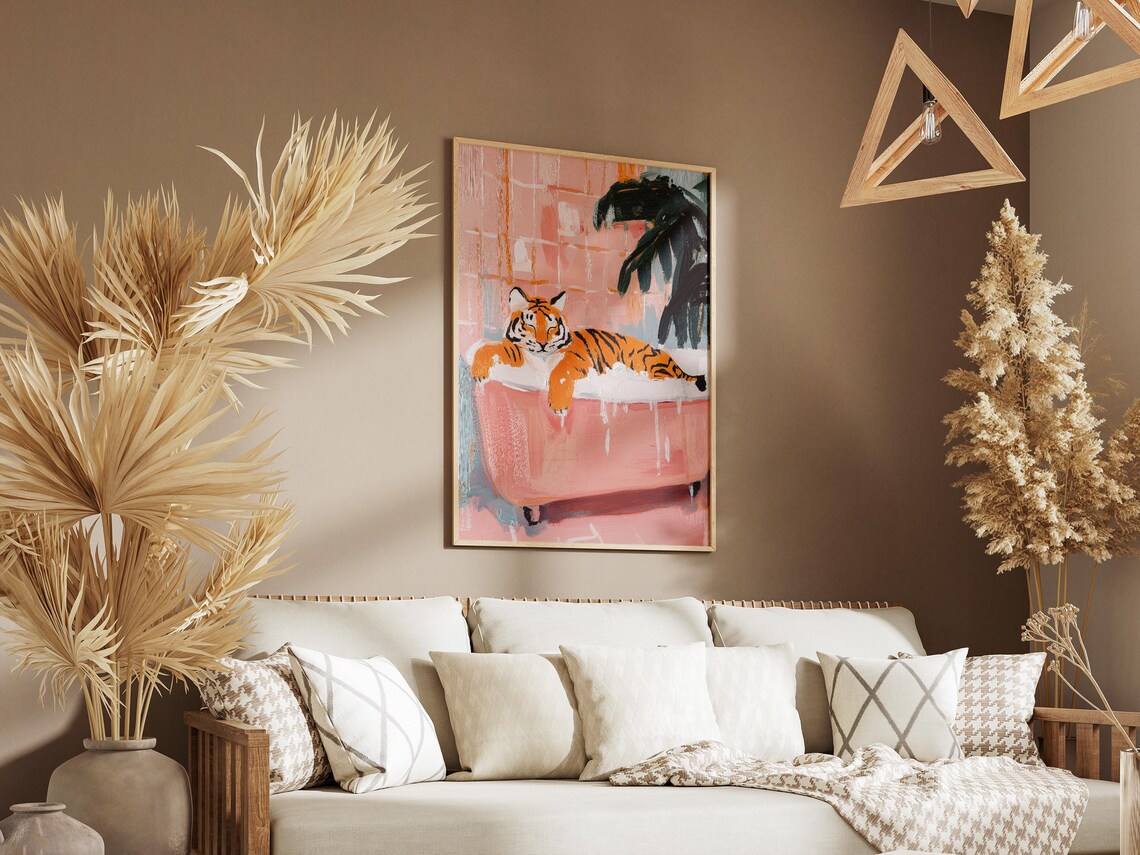 Tiger Lounging in a Pink Bubble Bath Funny Animal Art Poster - Image 3