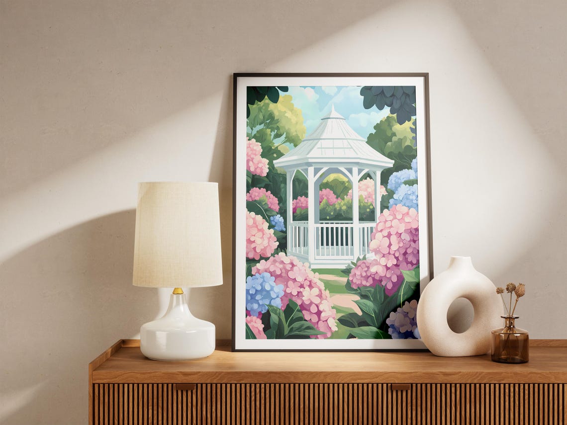 White Garden Gazebo Surrounded By Pink Blue Hydrangeas Poster - Image 5