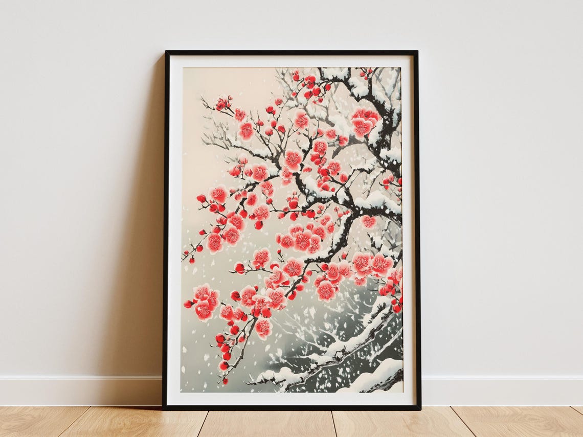 Red Plum Blossoms Snow Covered Branch Japanese Style Winter Art Poster