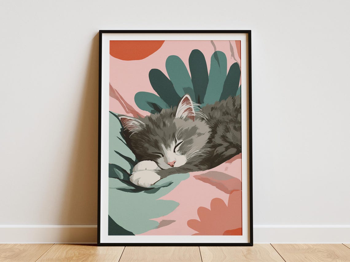 Sleeping Norwegian Forest Kitten Abstract Colorful Cat Art Poster