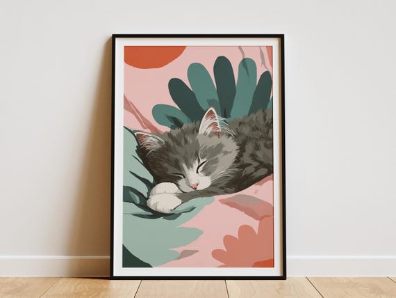 Norwegian Forest Kitten Sleeping Cat Print Abstract Matisse Style Wall Art For Bedroom Decor Cozy Feline Artwork Pet Lovers Home Gift