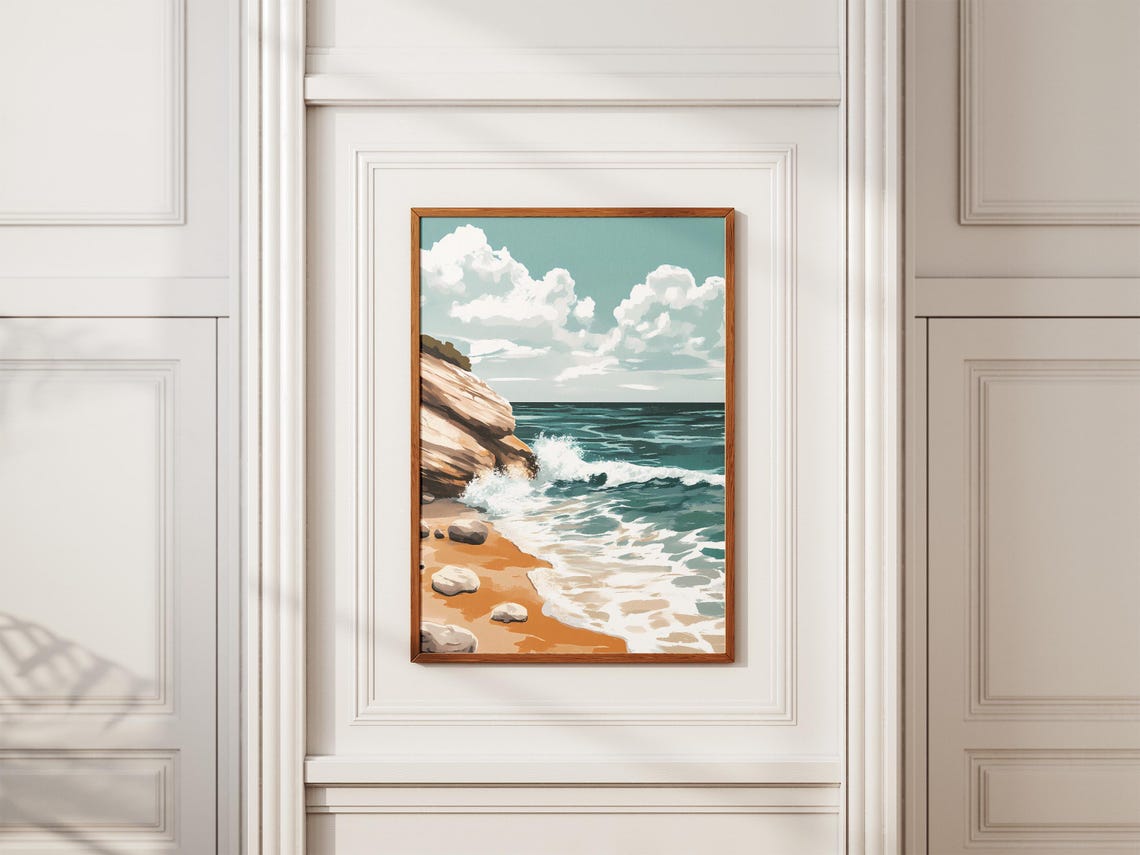 Ocean Wave Crashing Against a Rocky Cliff Sandy Beach Poster - Image 2