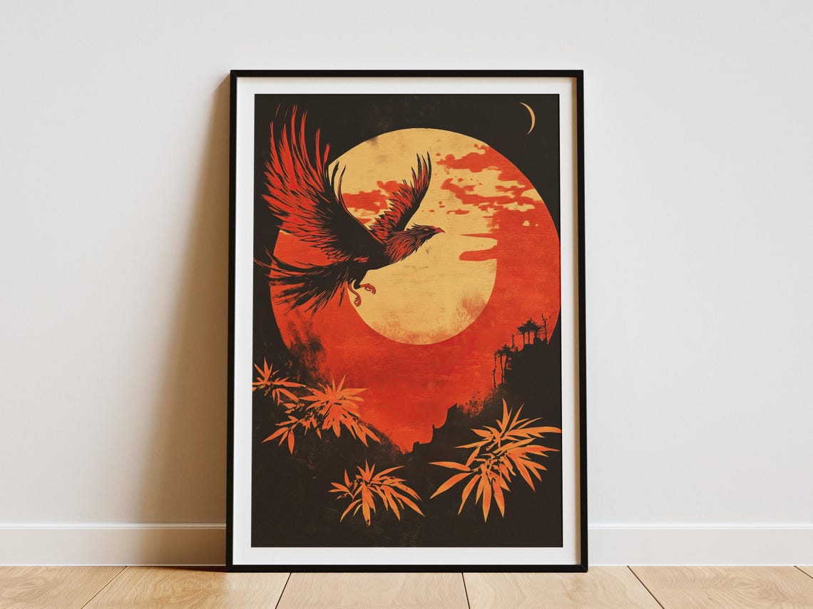 Phoenix Soaring Before Giant Red Sun Japanese Style Art Poster