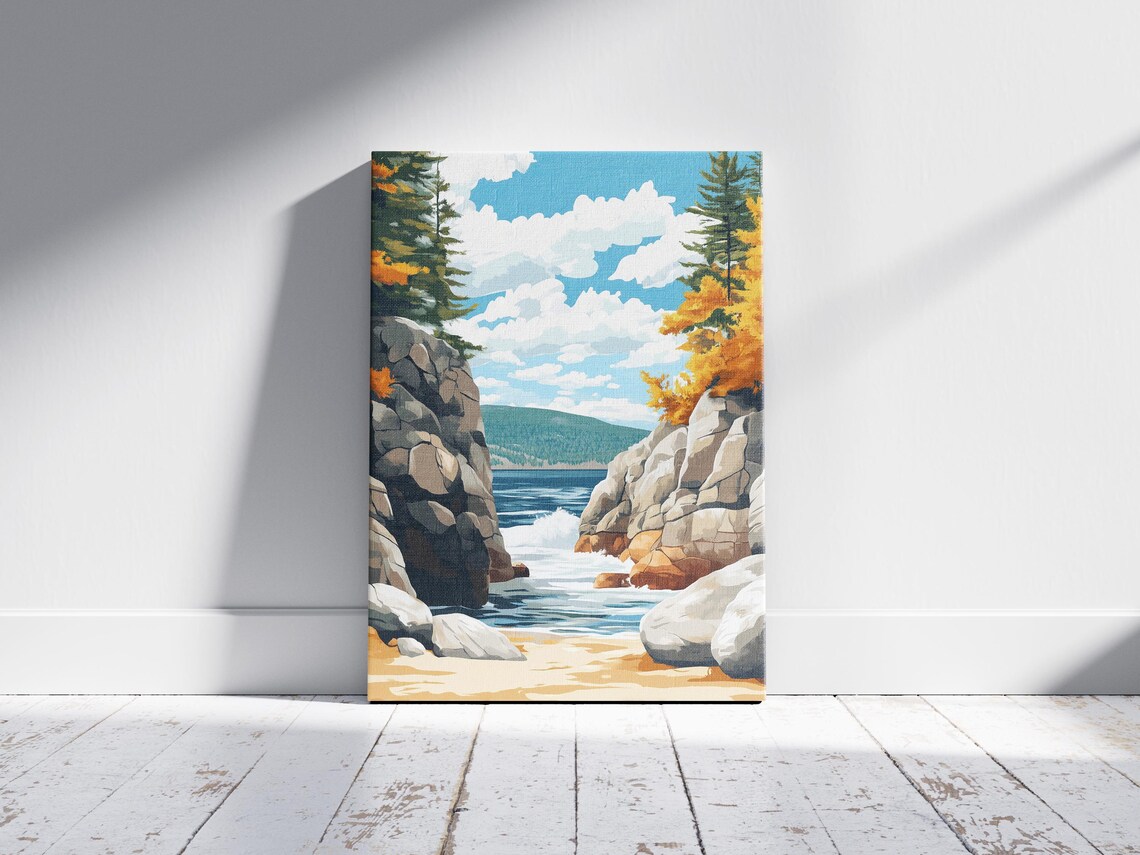 Acadia National Park Maine Rocky Cove Ocean Waves Autumn Art Poster - Image 2