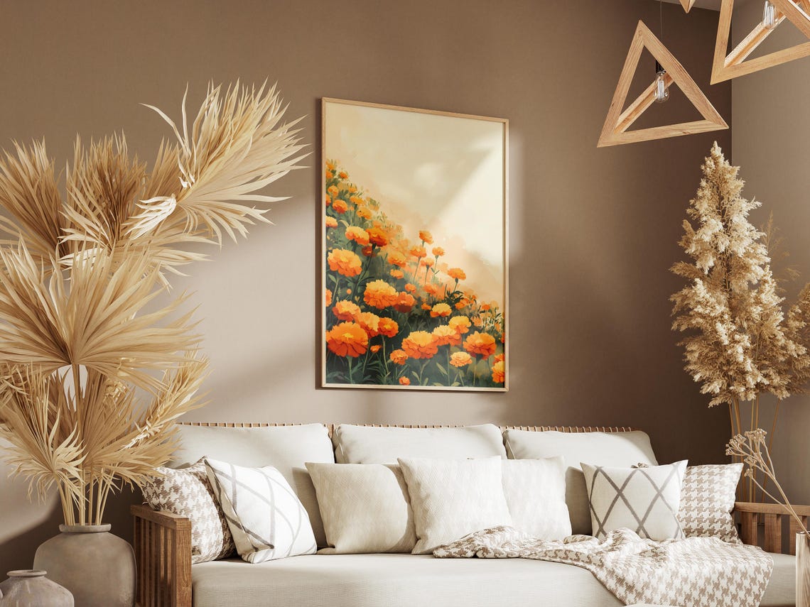 Dense Orange Marigold Meadow Poster Under a Soft Peach Sunset Sky - Image 3
