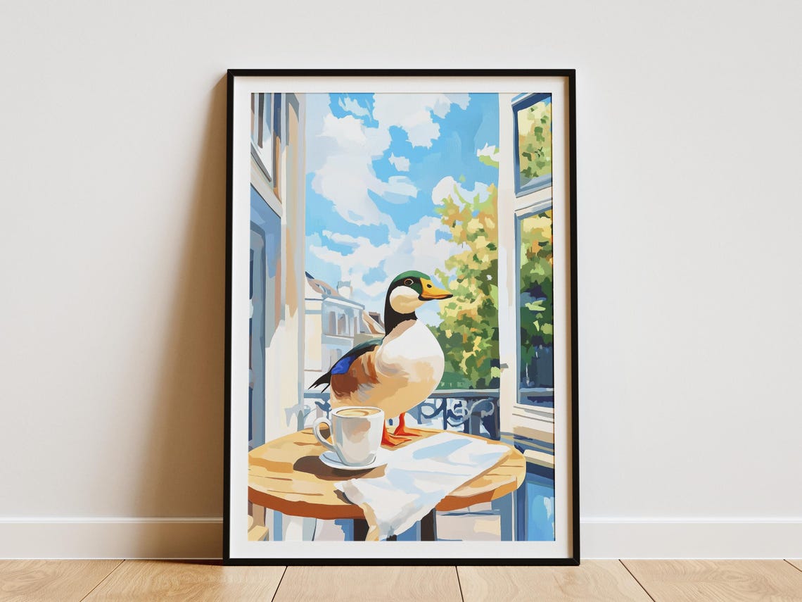 Mallard Duck on Cafe Table by Parisian Balcony Window Poster