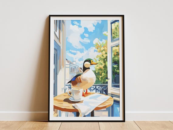 Duck Cafe Art Print Coffee Lover Gift Animal Scene Whimsical Poster Cozy Wall Quirky Cute Decor
