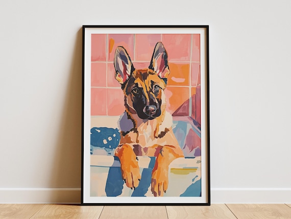 German Shepherd Puppy Bathtub Vibrant Modern Pop Art Bath Poster