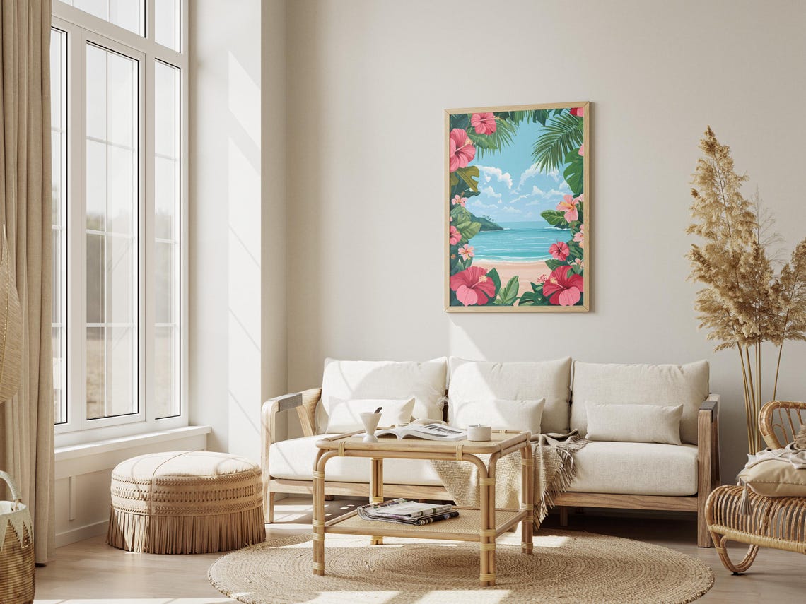 Pink Hibiscus Flowers Framing A Tropical Beach View Art Poster - Image 3