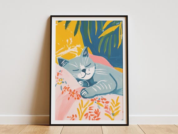 British Shorthair Cat Sleeping Matisse Style Art Print Cute Feline Wall Decor Abstract Modern Pet Lover Poster Cozy Home