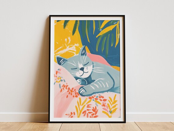 Grey Cat Sleeping in Colorful Floral Bedding Whimsical Art Poster
