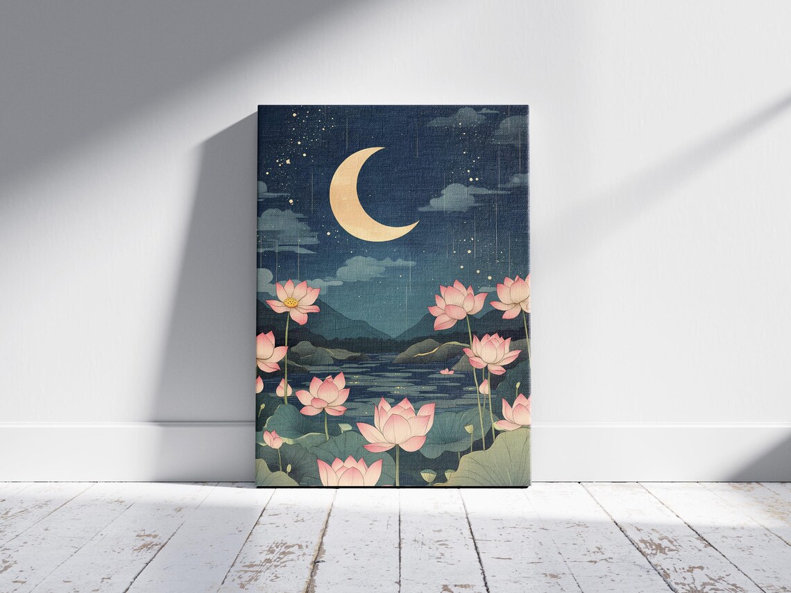 Crescent Moon Over Lotus Flower Lake Pink Night Sky Asian Art Style Poster - Image 2