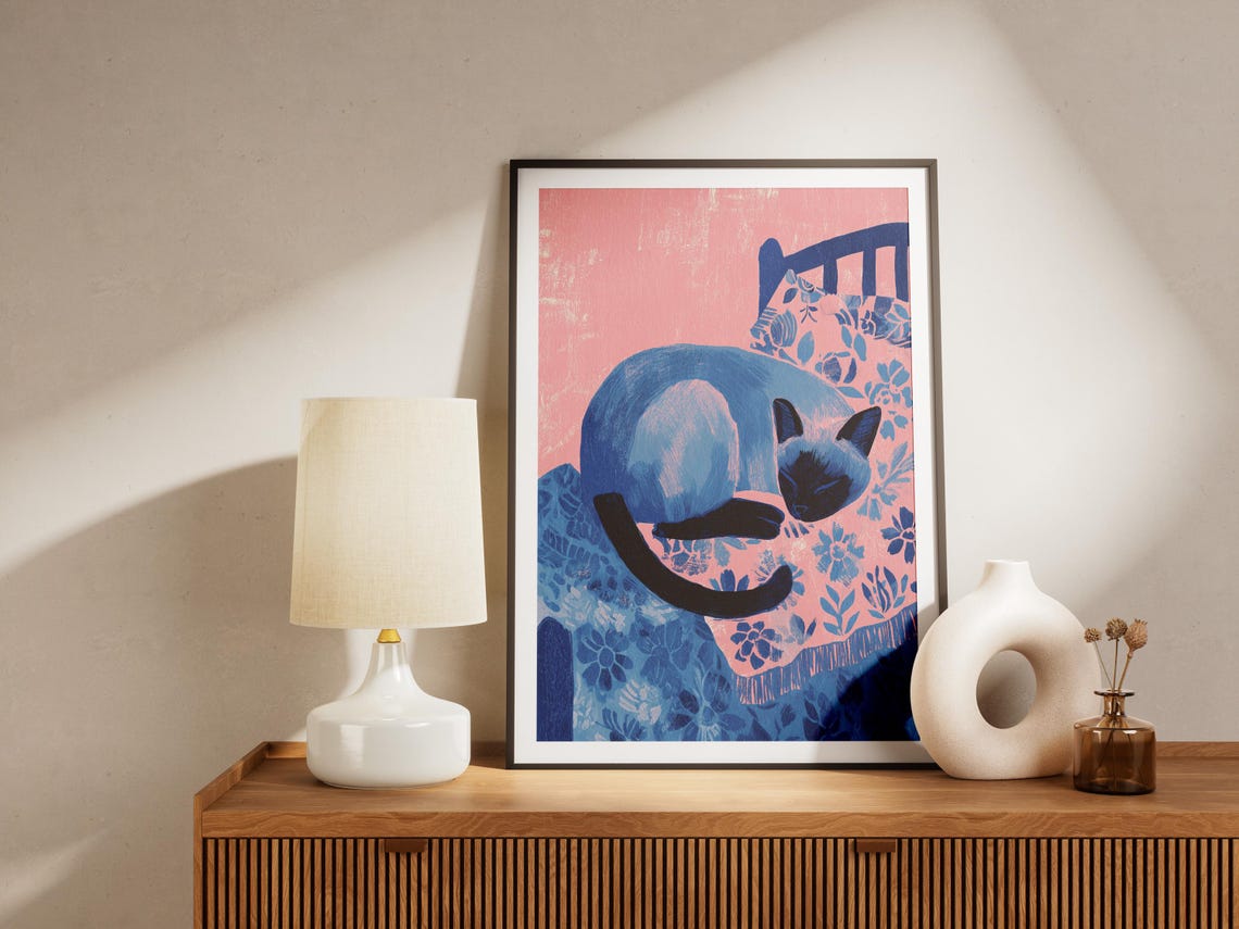 Siamese Cat Sleeping on Floral Bed Matisse Style Blue Pink Poster - Image 3