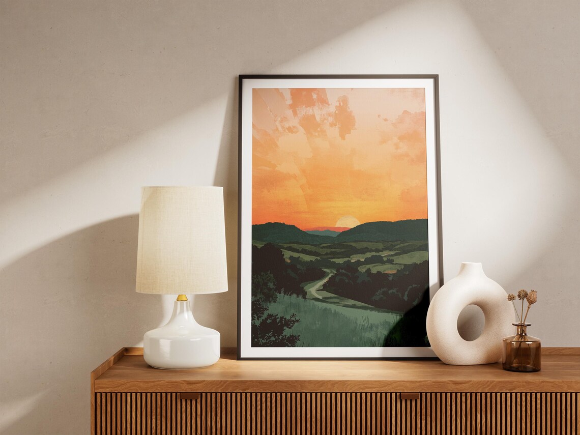 Orange Sunset Over Rolling Green Hills And Country Road Poster - Image 4