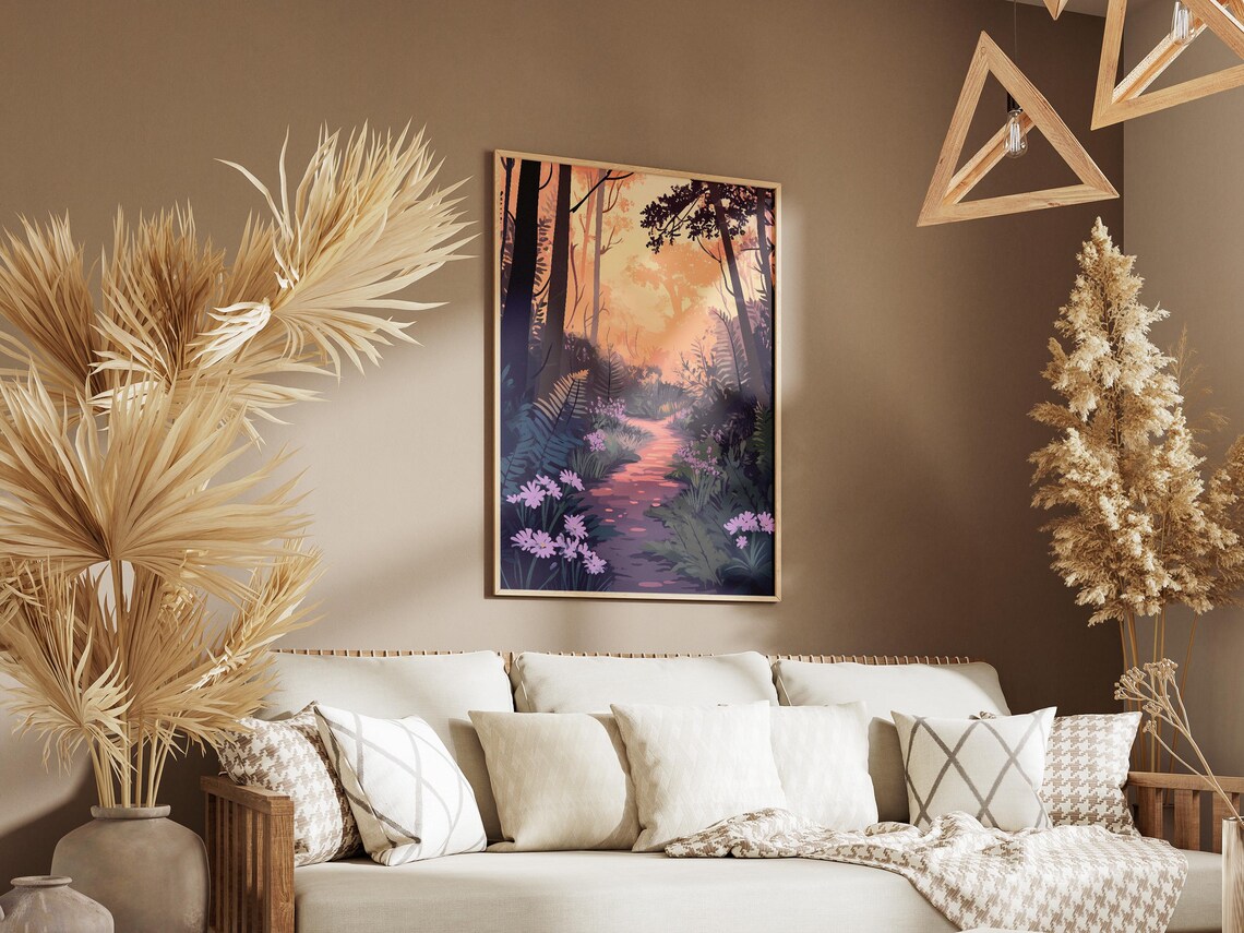 Fern Forest Path Violet Blooms Sunset Glow Woodland Flower Poster - Image 3