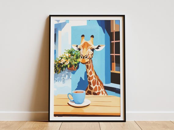 Giraffe Coffee Art Print Cozy Cafe Poster Animal Wall Lover Gift Cute Illustration
