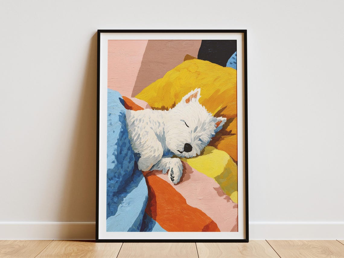 West Highland Terrier Sleeping on Colorful Striped Pillows Poster