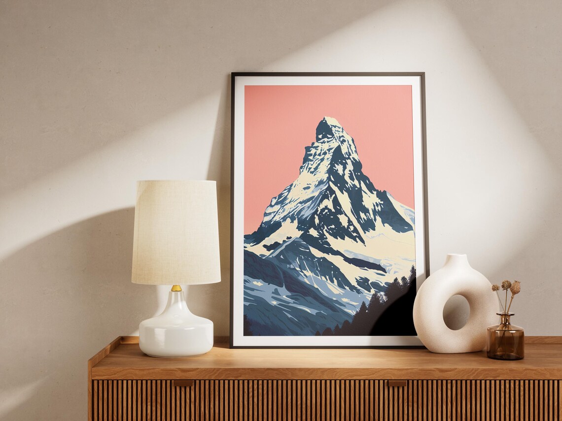 Matterhorn Snowy Peak Pink Sky Swiss Alps Minimalist Art Poster - Image 2