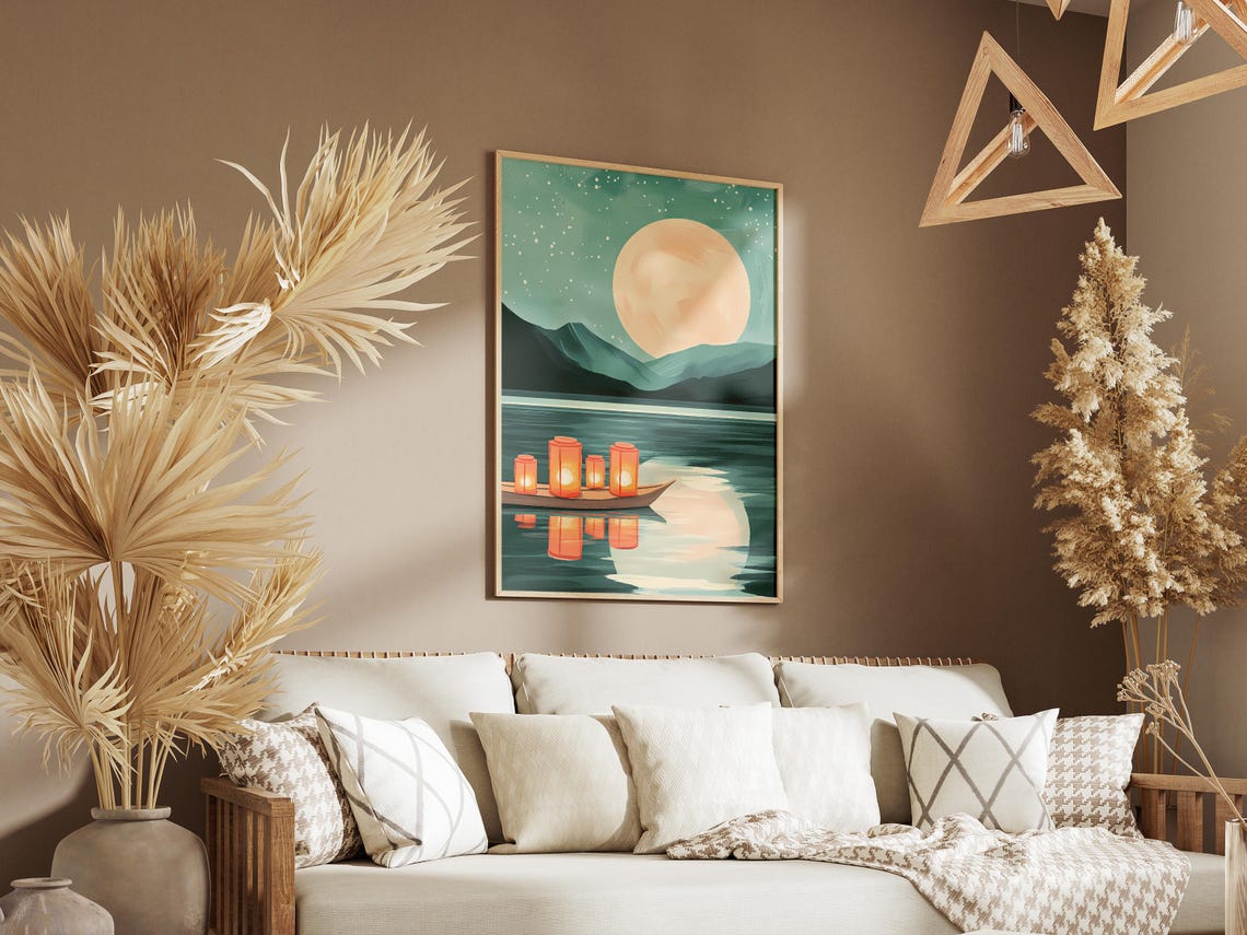 Full Moon Night With Glowing Lanterns on a River Boat Poster - Image 3