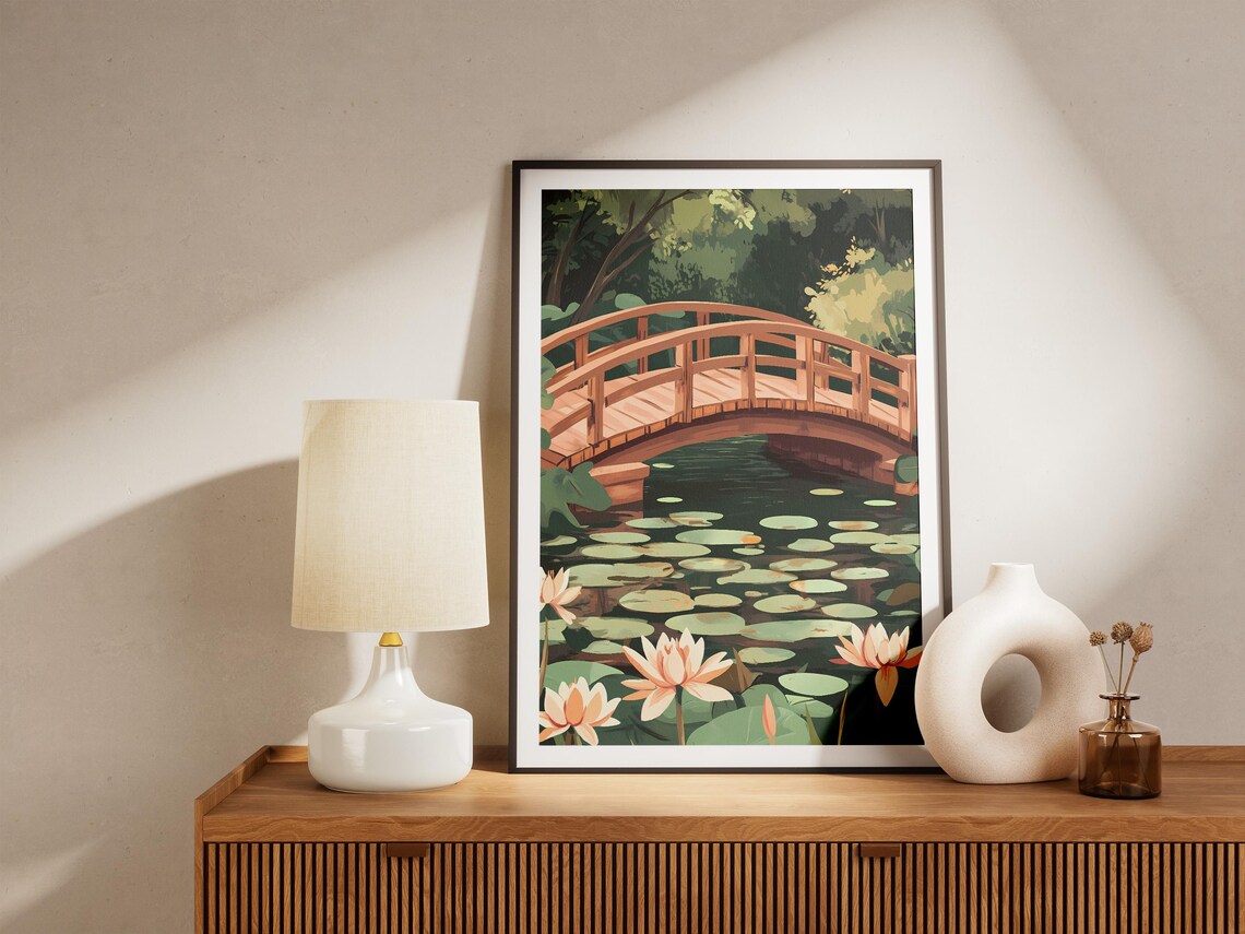Water Lilies Wooden Bridge Serene Zen Garden Pond Art Poster - Image 5