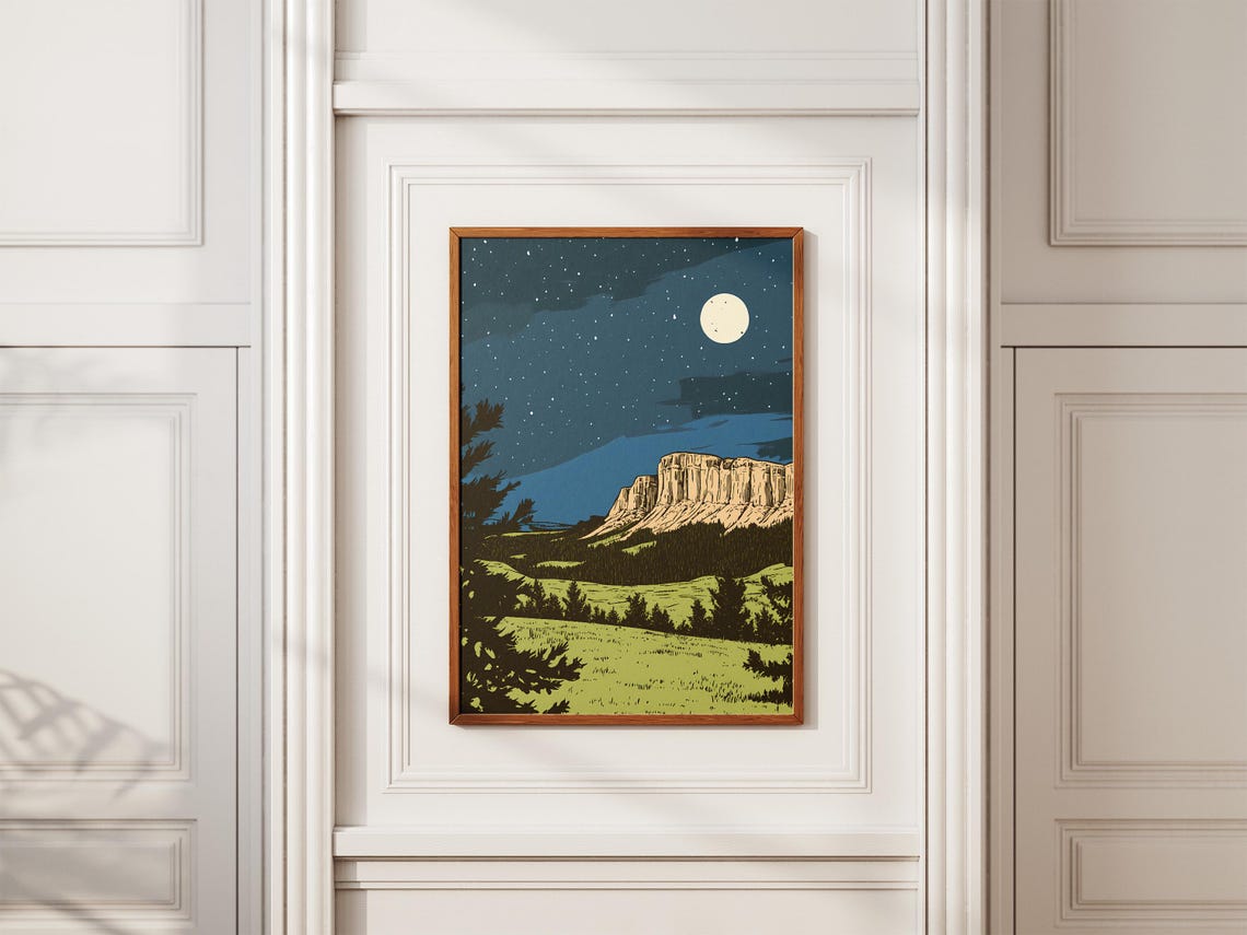 Wind Cave National Park Moonlit Cliff Meadow Under Starry Sky Poster - Image 2