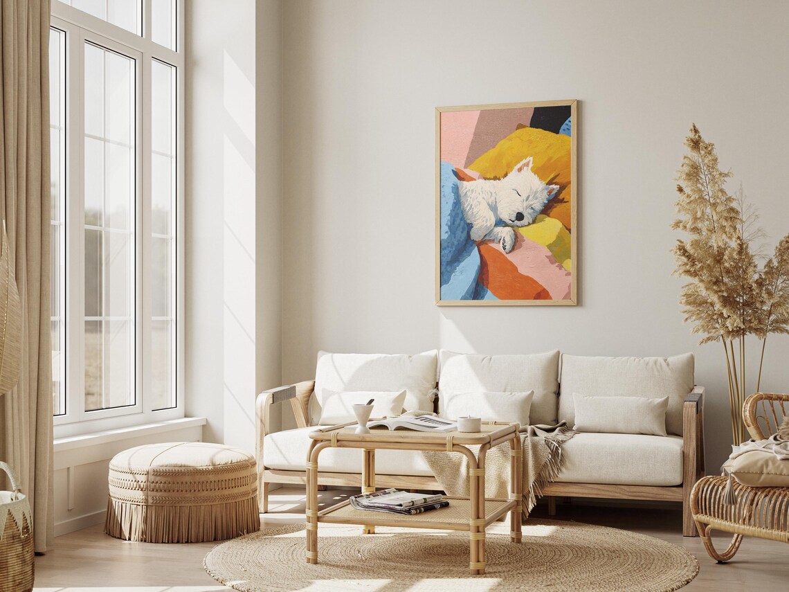 West Highland Terrier Sleeping on Colorful Striped Pillows Poster - Image 3
