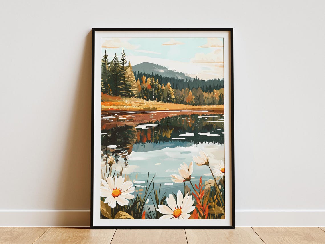 Alpine Lake with Daisies and Autumn Forest Reflection Poster