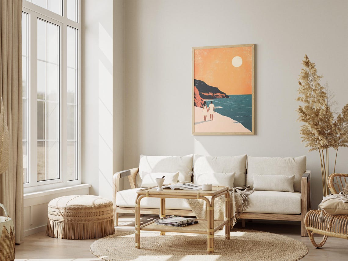 Minimalist Couple Watching Sunset On A Golden Cliff Beach Poster - Image 4