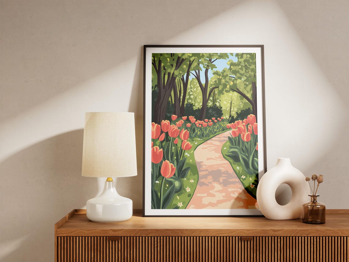 Orange Tulips Along Winding Park Pathway Spring Flower Poster - Image 5
