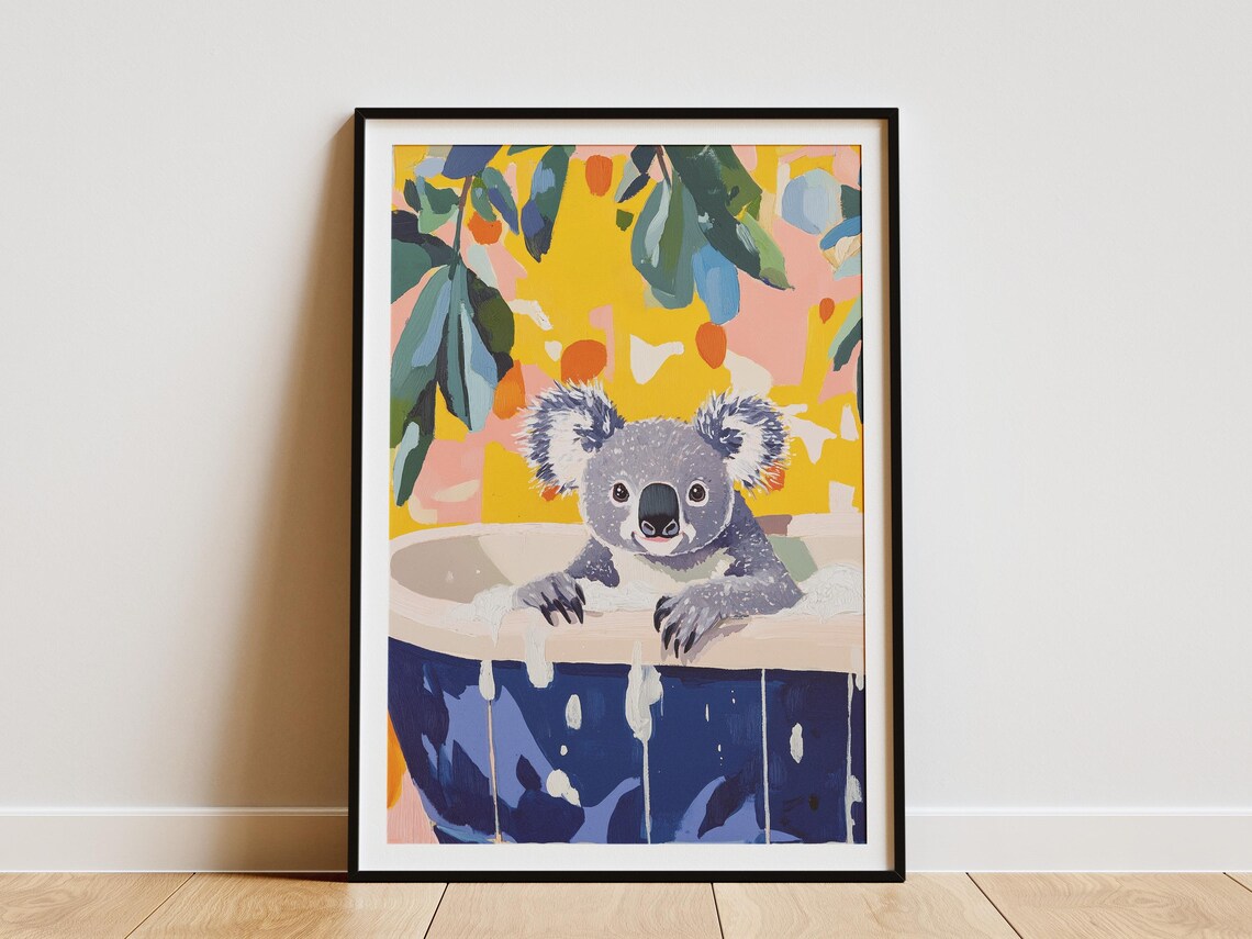 Cute Koala in Blue Bathtub Colorful Bathroom Illustration Art Poster