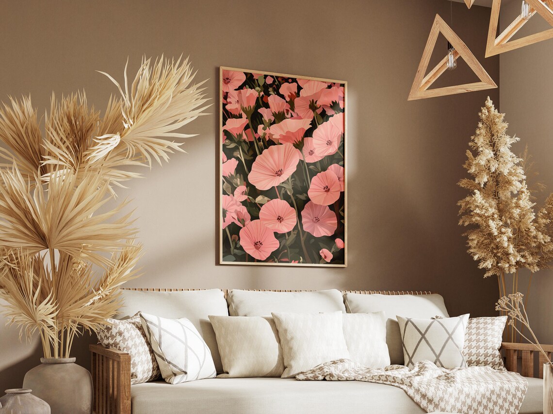 Delicate Pink Mallow Blossoms Dark Moody Botanical Floral Poster - Image 3
